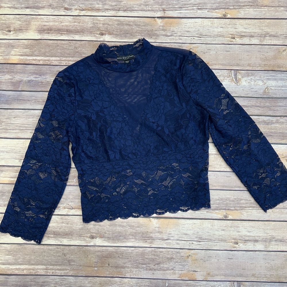 GUESS Women’s Mock Neck Lace Crop Holiday Glam Sheer Top Fairy Grunge Navy M